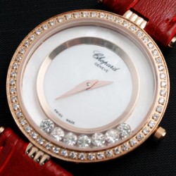 쇼파드 해피스포츠 큐빅금장 레드 가죽밴드 / 스위스 쿼츠